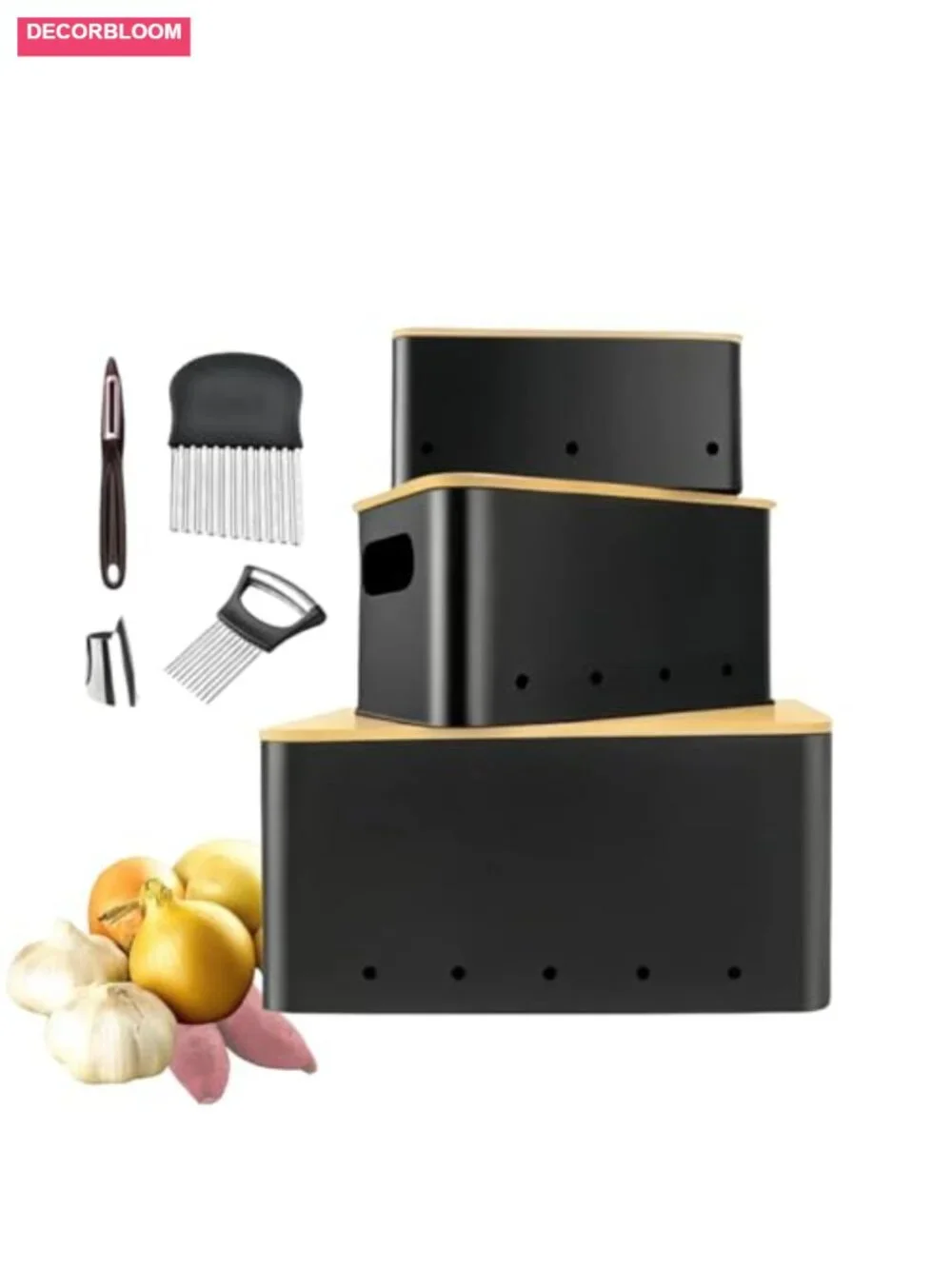 Modern Kitchen Storage Container Set of 3 Stackable Metal Boxes with Wooden